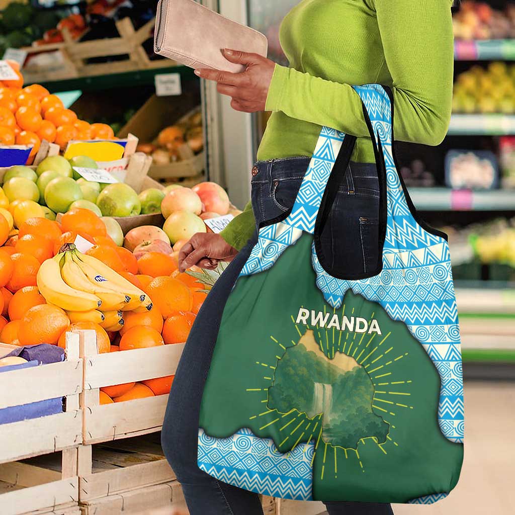 Rwanda Grocery Bag with Green Nature Map Waterfall Sunburst Spirit