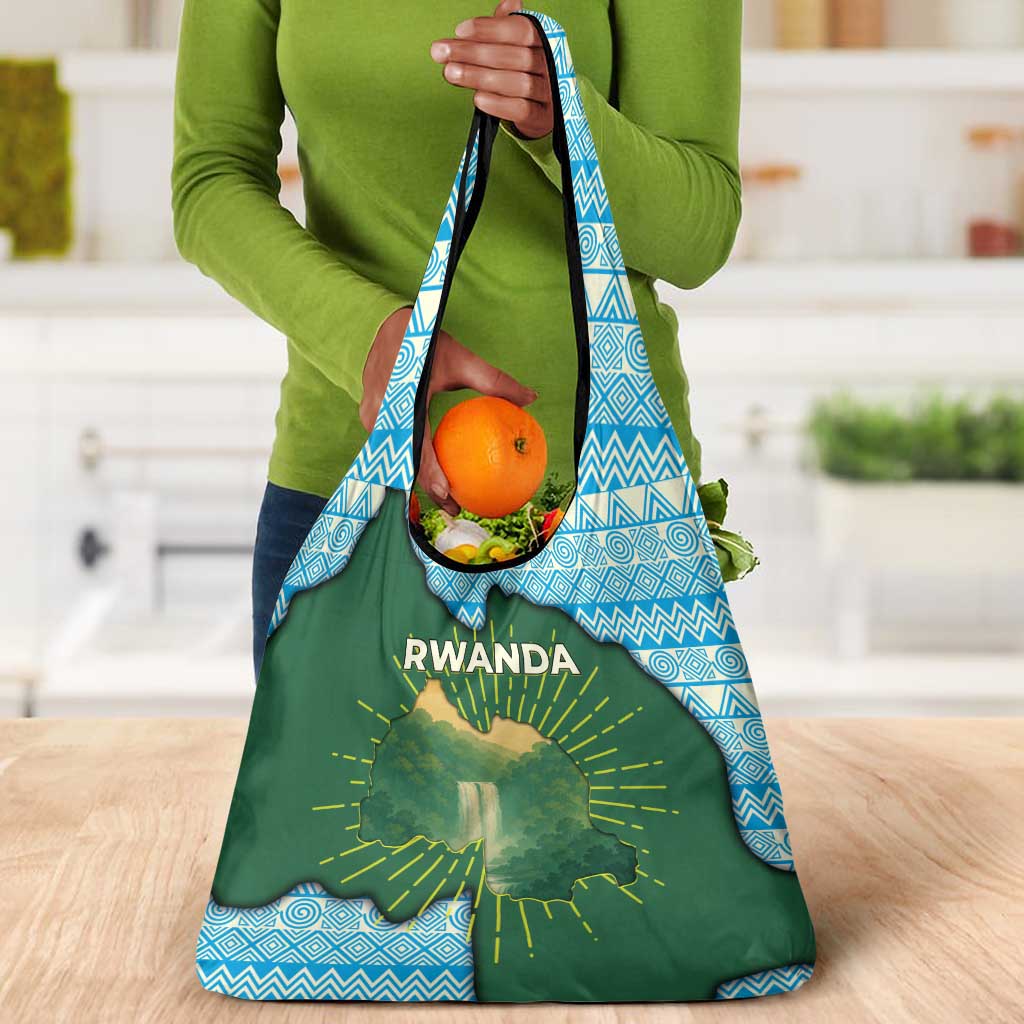 Rwanda Grocery Bag with Green Nature Map Waterfall Sunburst Spirit