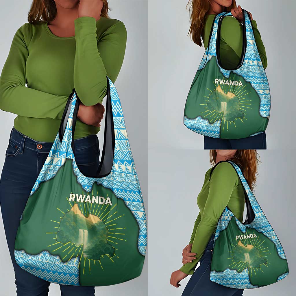 Rwanda Grocery Bag with Green Nature Map Waterfall Sunburst Spirit