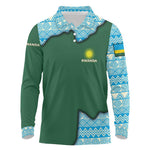 Rwanda Long Sleeve Polo Shirt with Green Nature Map Waterfall Sunburst Spirit