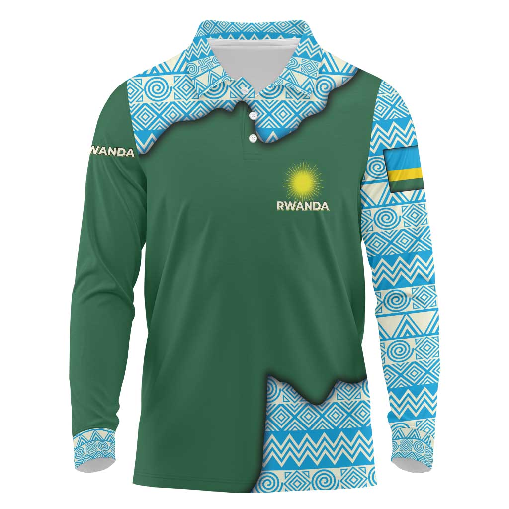 Rwanda Long Sleeve Polo Shirt with Green Nature Map Waterfall Sunburst Spirit