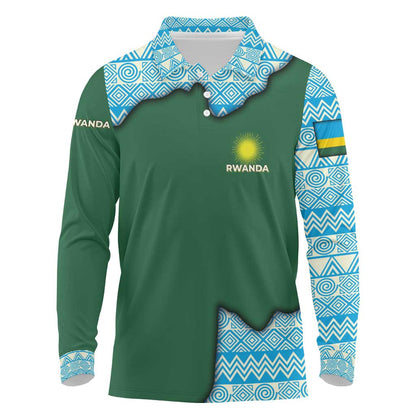Rwanda Long Sleeve Polo Shirt with Green Nature Map Waterfall Sunburst Spirit