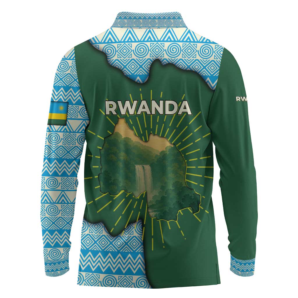 Rwanda Long Sleeve Polo Shirt with Green Nature Map Waterfall Sunburst Spirit