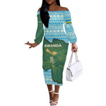 Rwanda Off The Shoulder Long Sleeve Dress with Green Nature Map Waterfall Sunburst Spirit