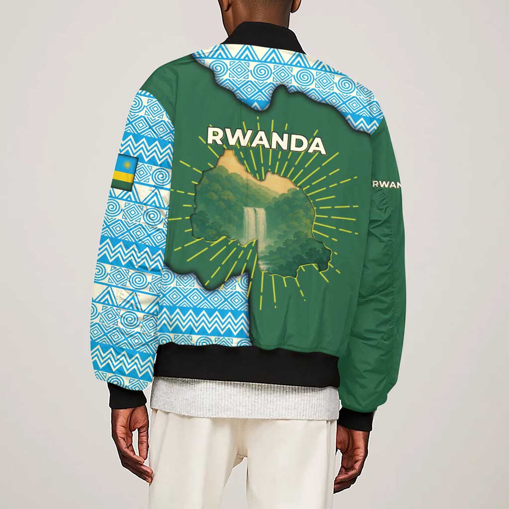 Rwanda Sleeve Zip Bomber Jacket with Green Nature Map Waterfall Sunburst Spirit