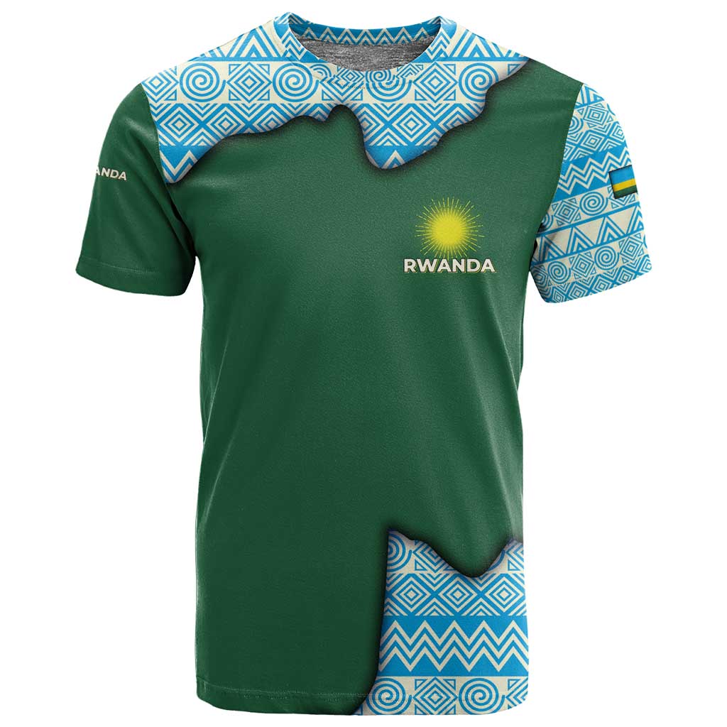Rwanda T shirt with Green Nature Map Waterfall Sunburst Spirit