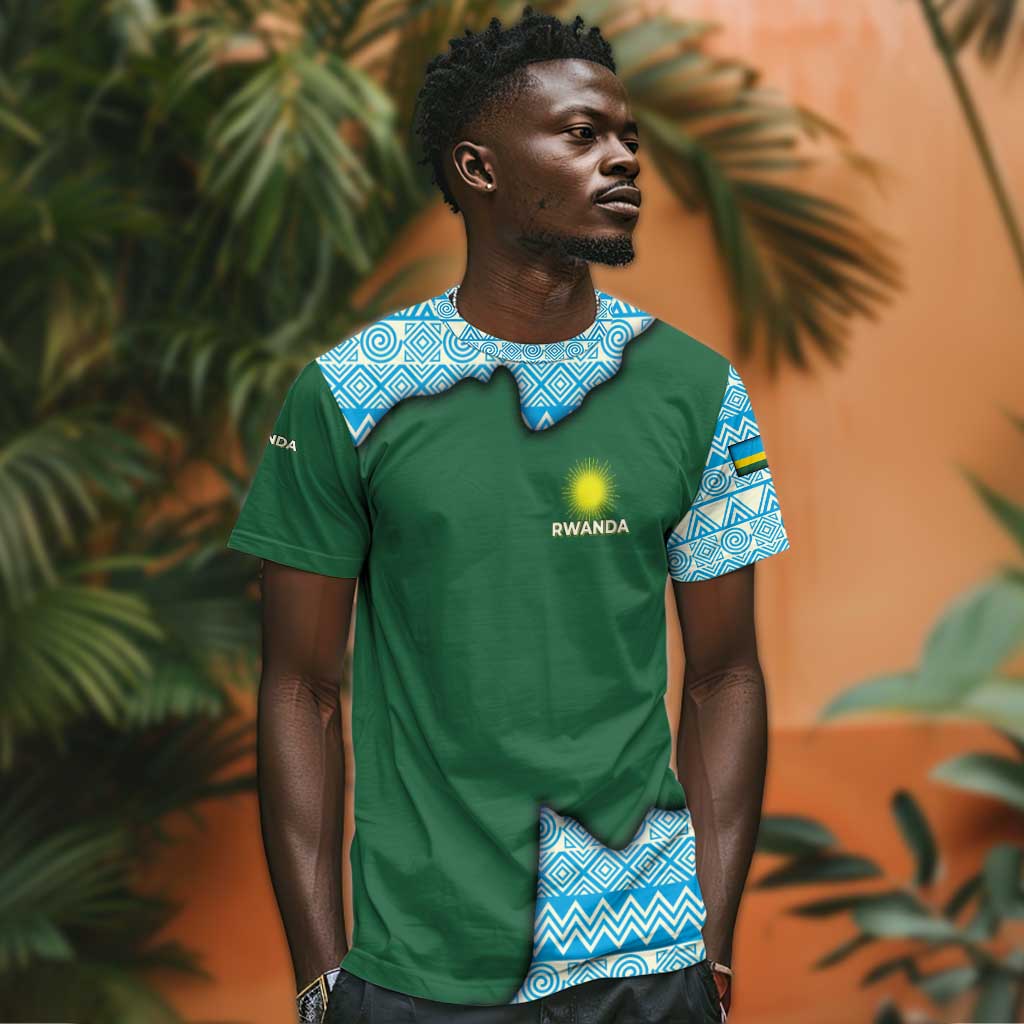 Rwanda T shirt with Green Nature Map Waterfall Sunburst Spirit