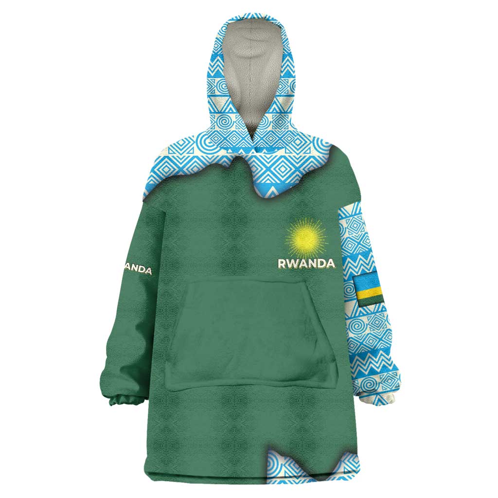 Rwanda Wearable Blanket Hoodie with Green Nature Map Waterfall Sunburst Spirit