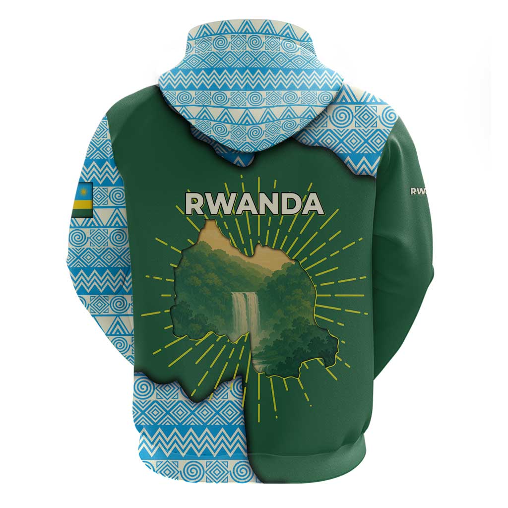 Rwanda Zip Hoodie with Green Nature Map Waterfall Sunburst Spirit