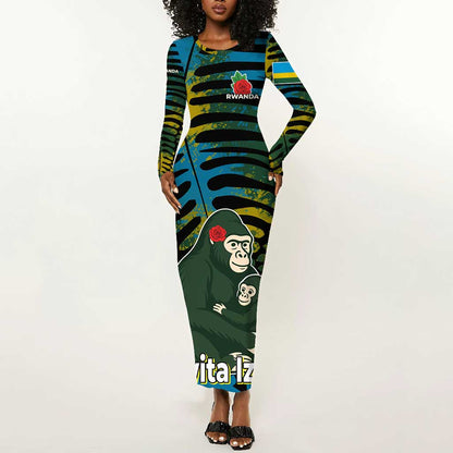 Rwanda Long Sleeve Bodycon Dress with Gorilla Family Kwita Izina Leaf Jungle Spirit