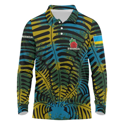 Rwanda Long Sleeve Polo Shirt with Gorilla Family Kwita Izina Leaf Jungle Spirit