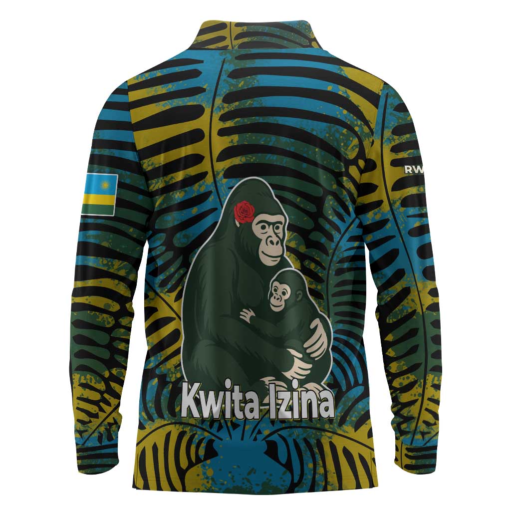 Rwanda Long Sleeve Polo Shirt with Gorilla Family Kwita Izina Leaf Jungle Spirit