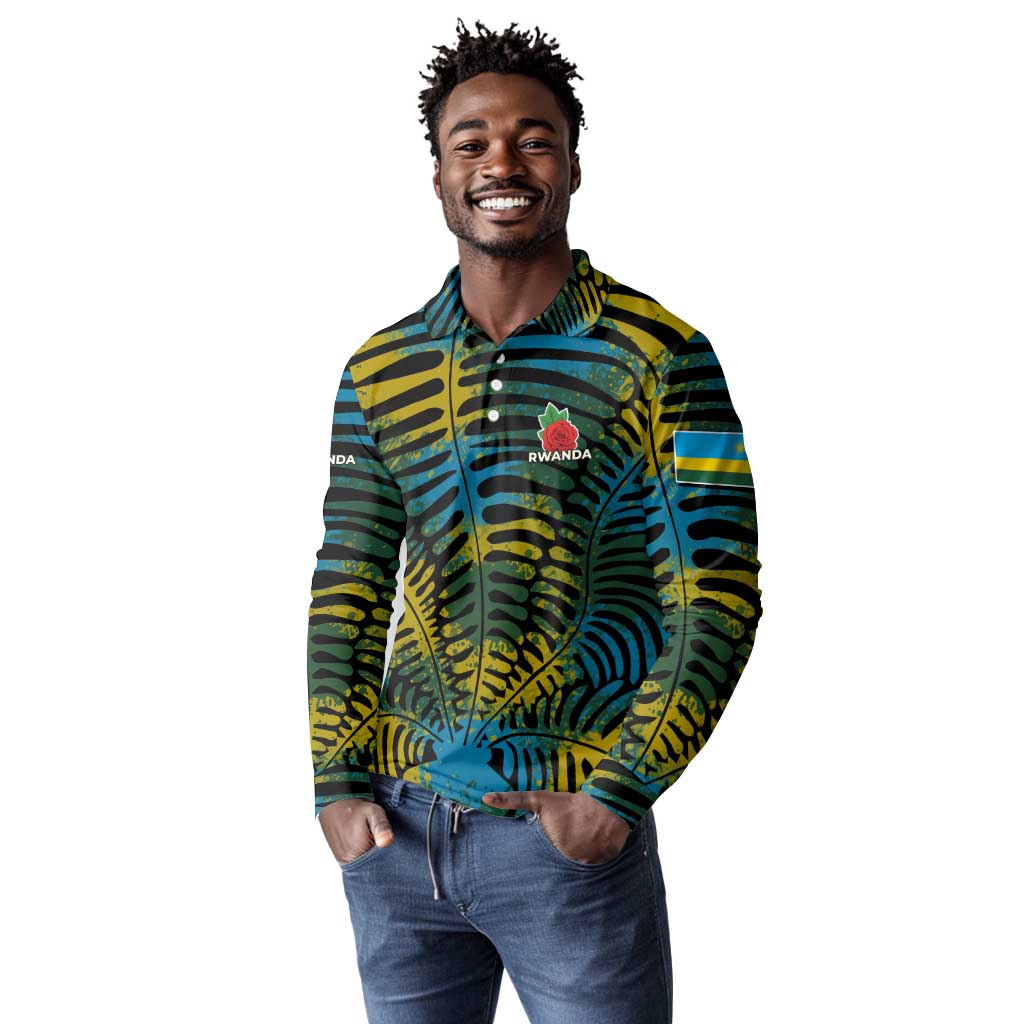 Rwanda Long Sleeve Polo Shirt with Gorilla Family Kwita Izina Leaf Jungle Spirit