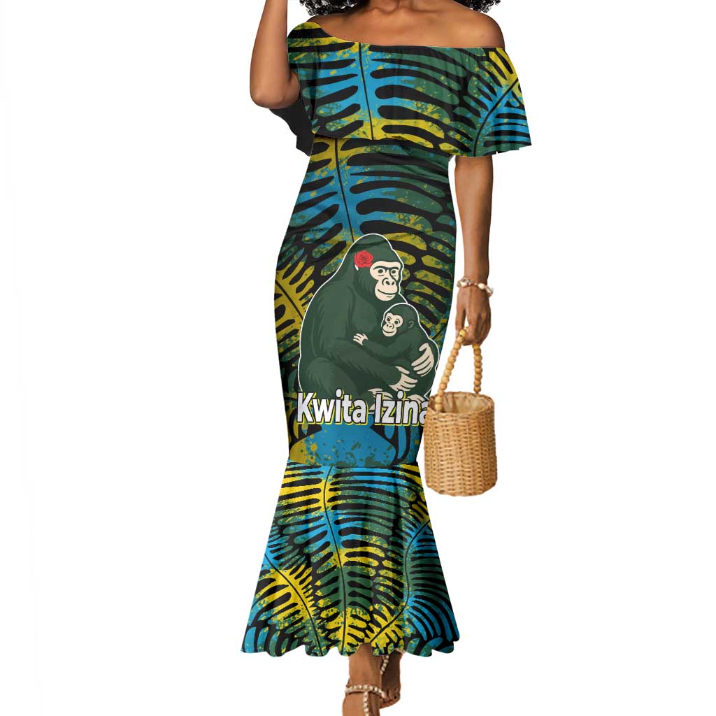 Rwanda Mermaid Dress with Gorilla Family Kwita Izina Leaf Jungle Spirit