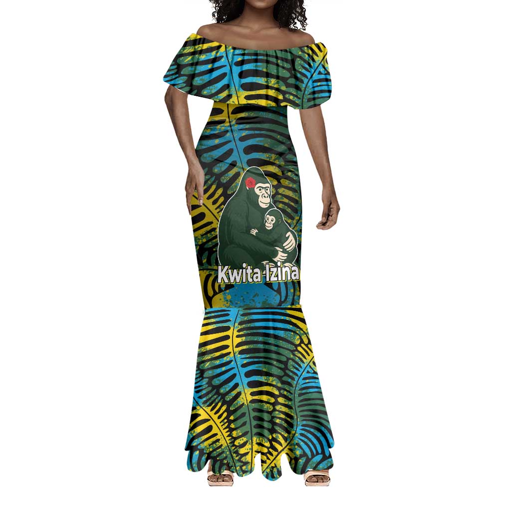 Rwanda Mermaid Dress with Gorilla Family Kwita Izina Leaf Jungle Spirit