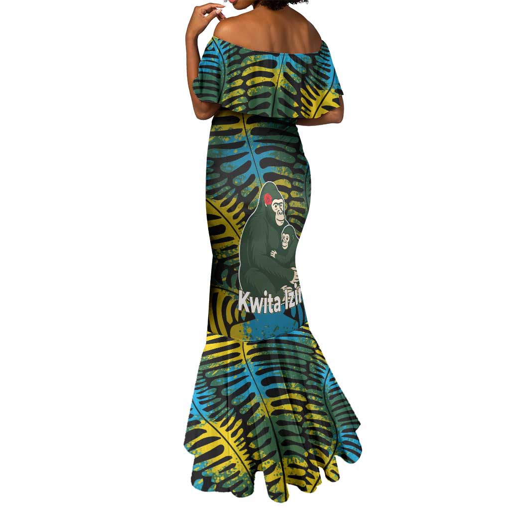 Rwanda Mermaid Dress with Gorilla Family Kwita Izina Leaf Jungle Spirit