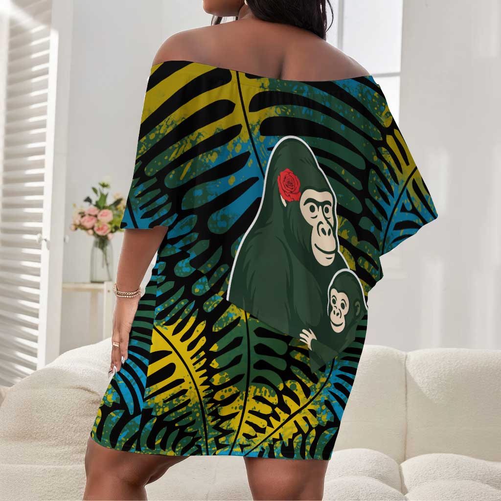 Rwanda Off Shoulder Short Dress with Gorilla Family Kwita Izina Leaf Jungle Spirit