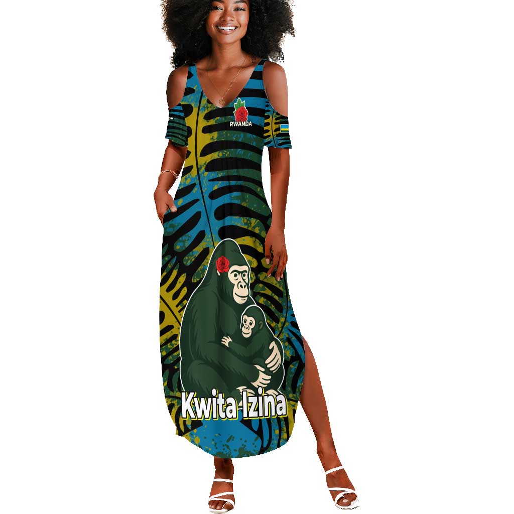 Rwanda Summer Maxi Dress with Gorilla Family Kwita Izina Leaf Jungle Spirit