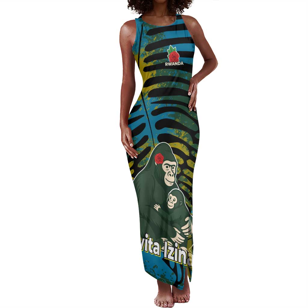 Rwanda Tank Maxi Dress with Gorilla Family Kwita Izina Leaf Jungle Spirit