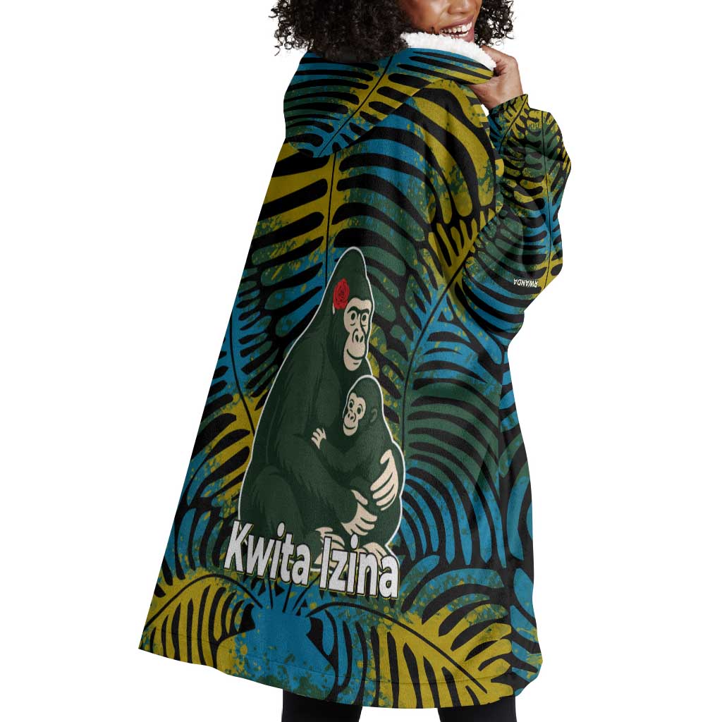 Rwanda Wearable Blanket Hoodie with Gorilla Family Kwita Izina Leaf Jungle Spirit
