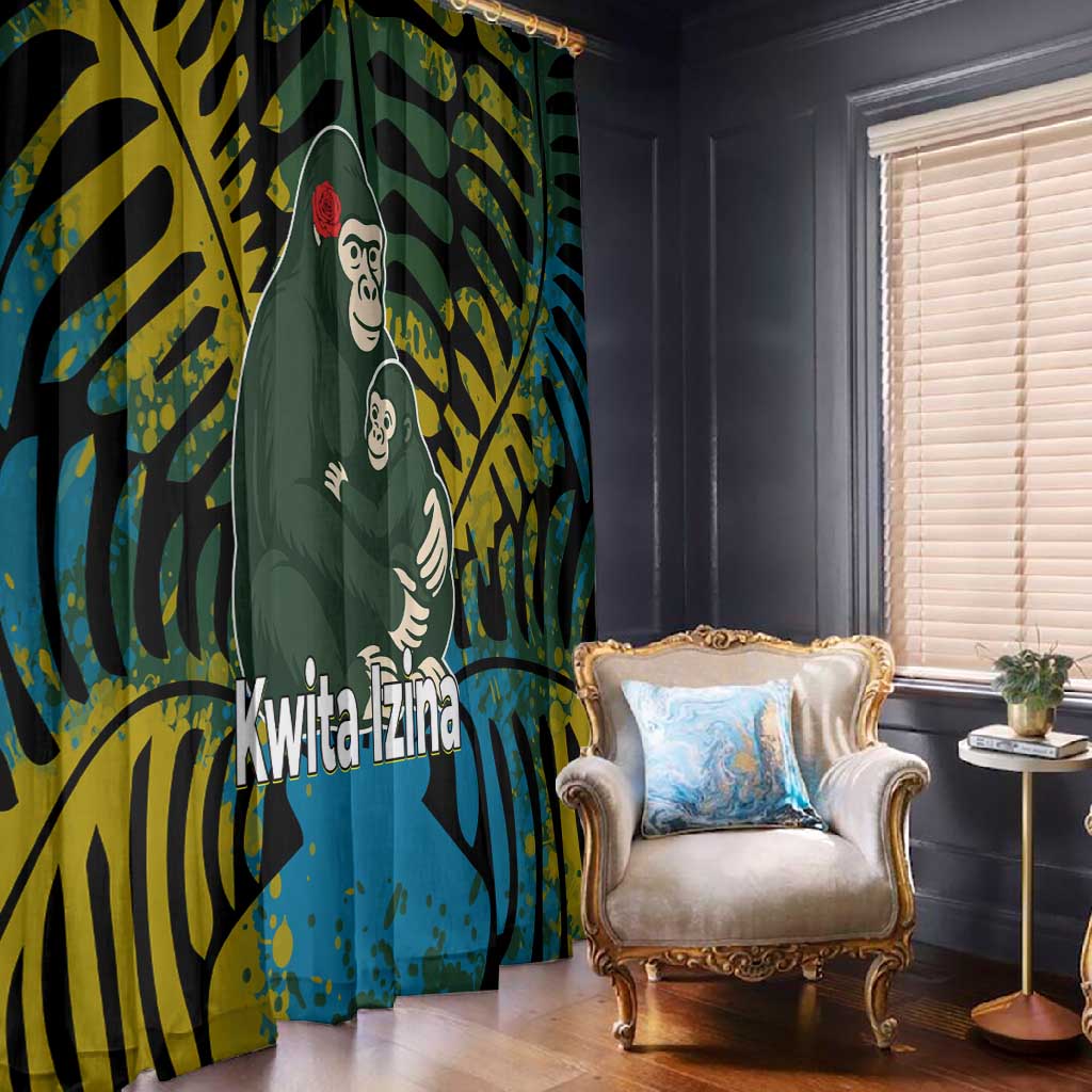 Rwanda Window Curtain with Gorilla Family Kwita Izina Leaf Jungle Spirit