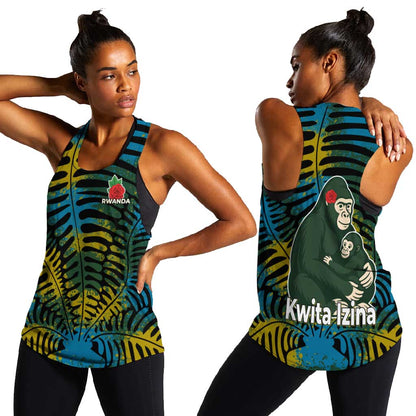 Rwanda Women Racerback Tank with Gorilla Family Kwita Izina Leaf Jungle Spirit