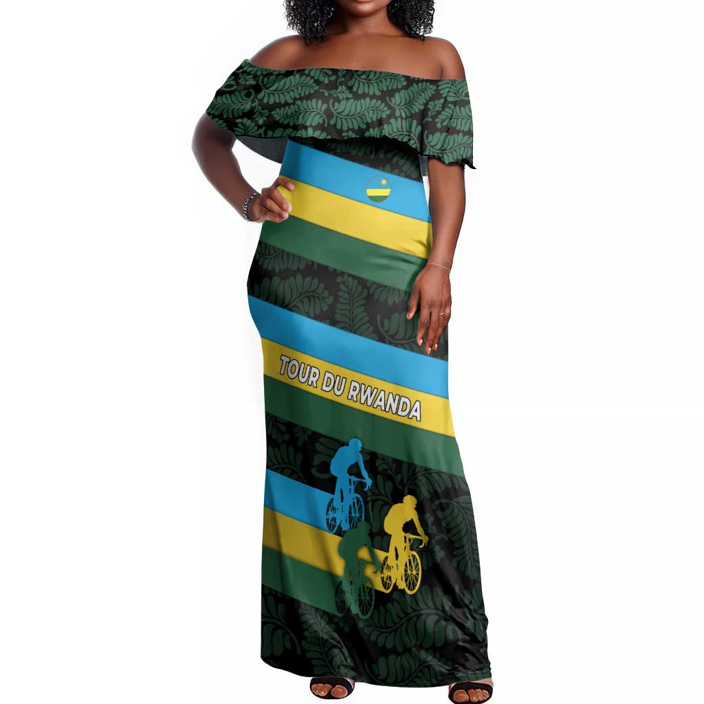 Rwanda Off Shoulder Maxi Dress with Tour du Rwanda Cycling Race Flag Stripe Spirit