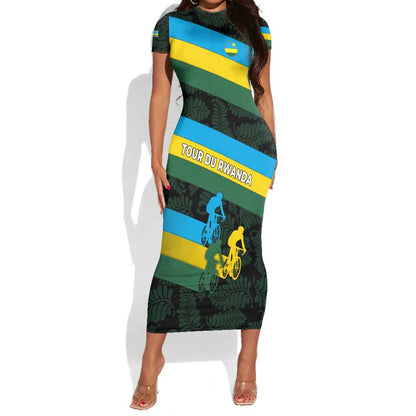 Rwanda Short Sleeve Bodycon Dress with Tour du Rwanda Cycling Race Flag Stripe Spirit