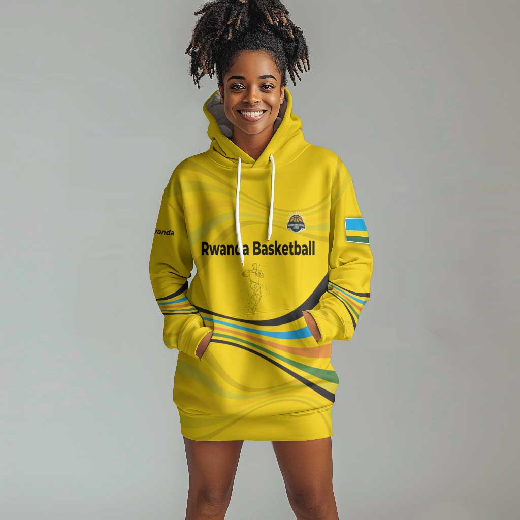 Rwanda Hoodie Dress with Basketball League Court Hoop Yellow Wave Spirit