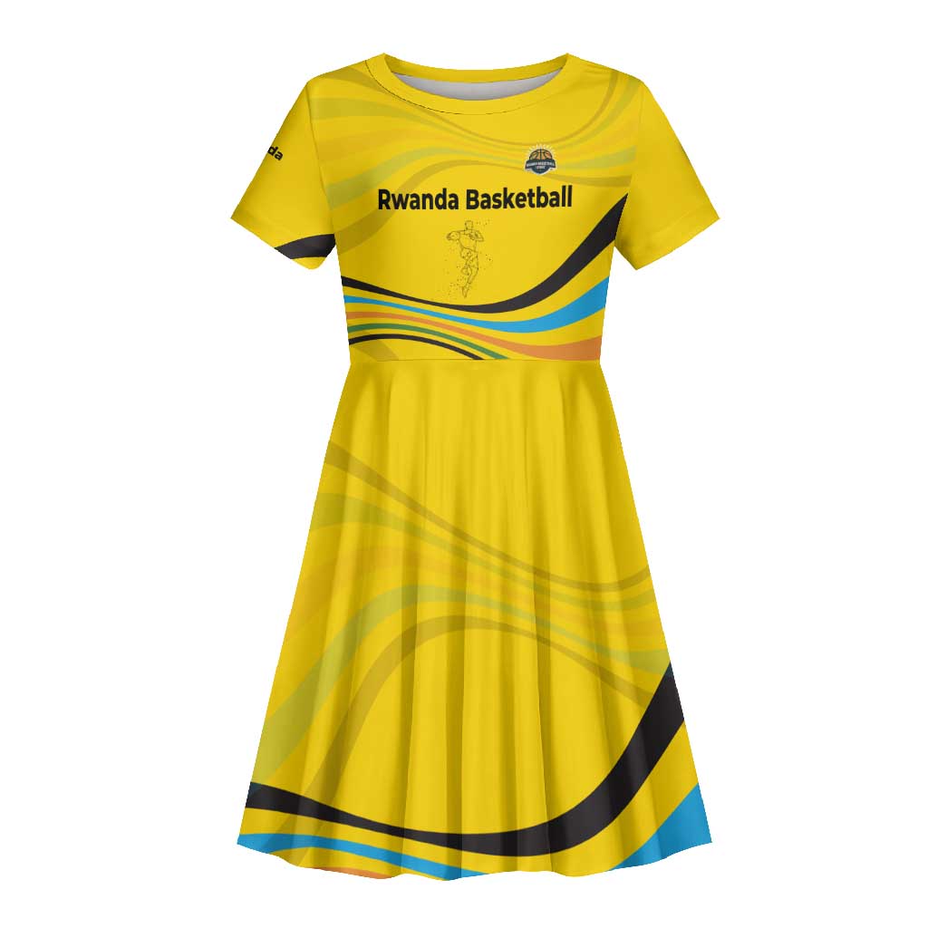 Rwanda Kid Short Sleeve Dress with Basketball League Court Hoop Yellow Wave Spirit