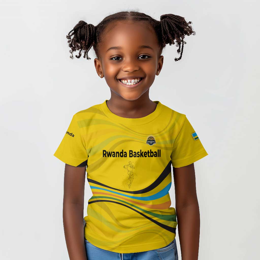 Rwanda Kid T shirt with Basketball League Court Hoop Yellow Wave Spirit