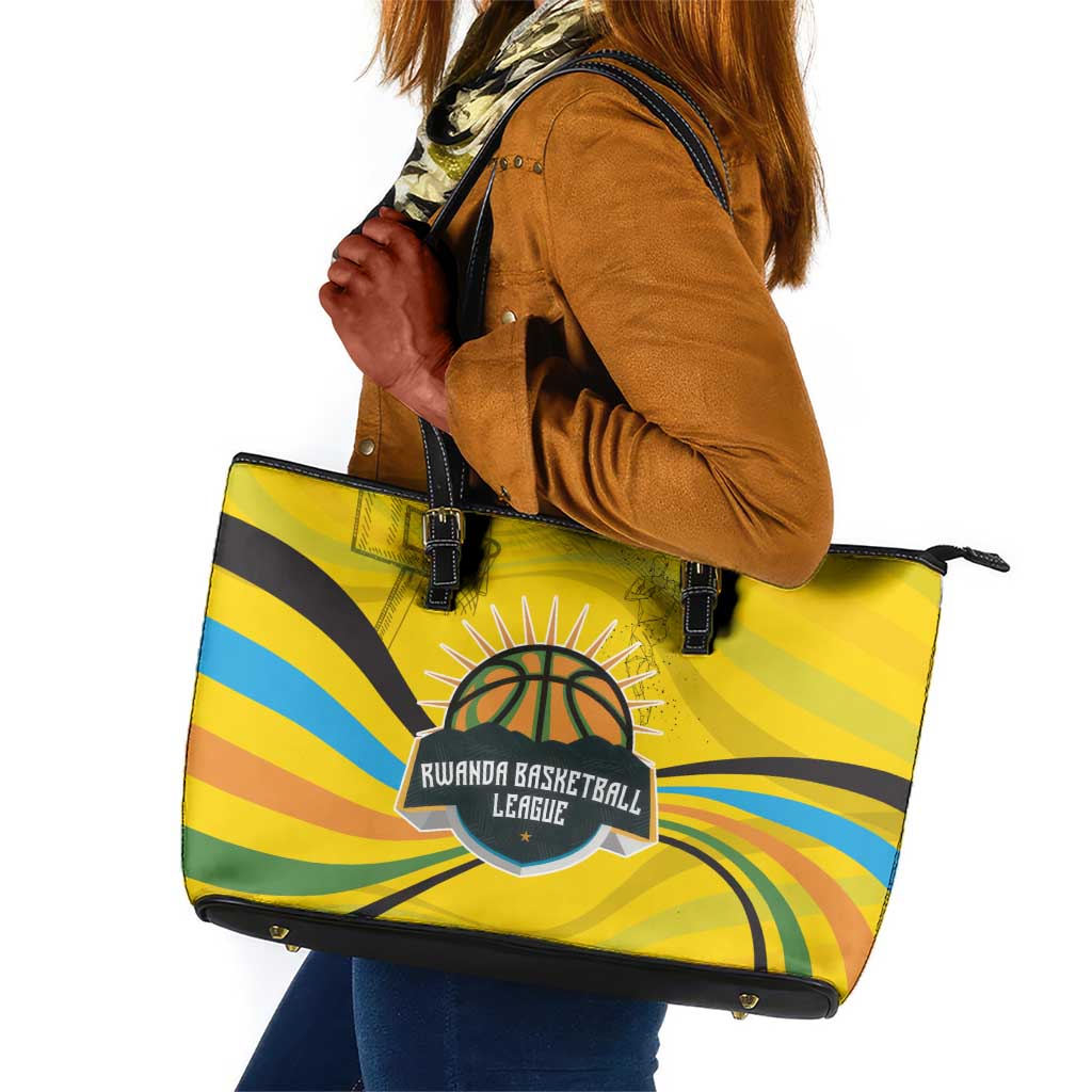 Rwanda Leather Tote Bag with Basketball League Court Hoop Yellow Wave Spirit