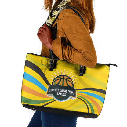 Rwanda Leather Tote Bag with Basketball League Court Hoop Yellow Wave Spirit