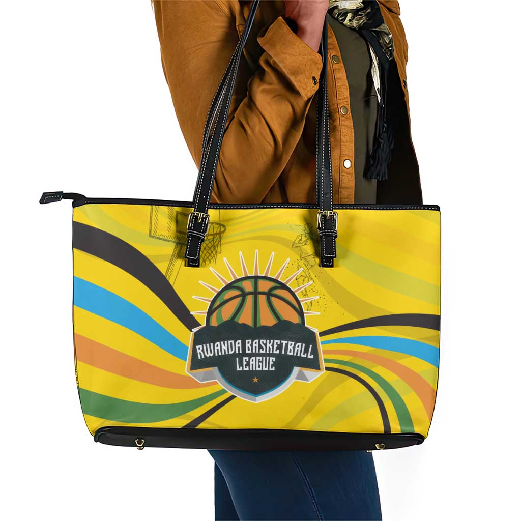 Rwanda Leather Tote Bag with Basketball League Court Hoop Yellow Wave Spirit