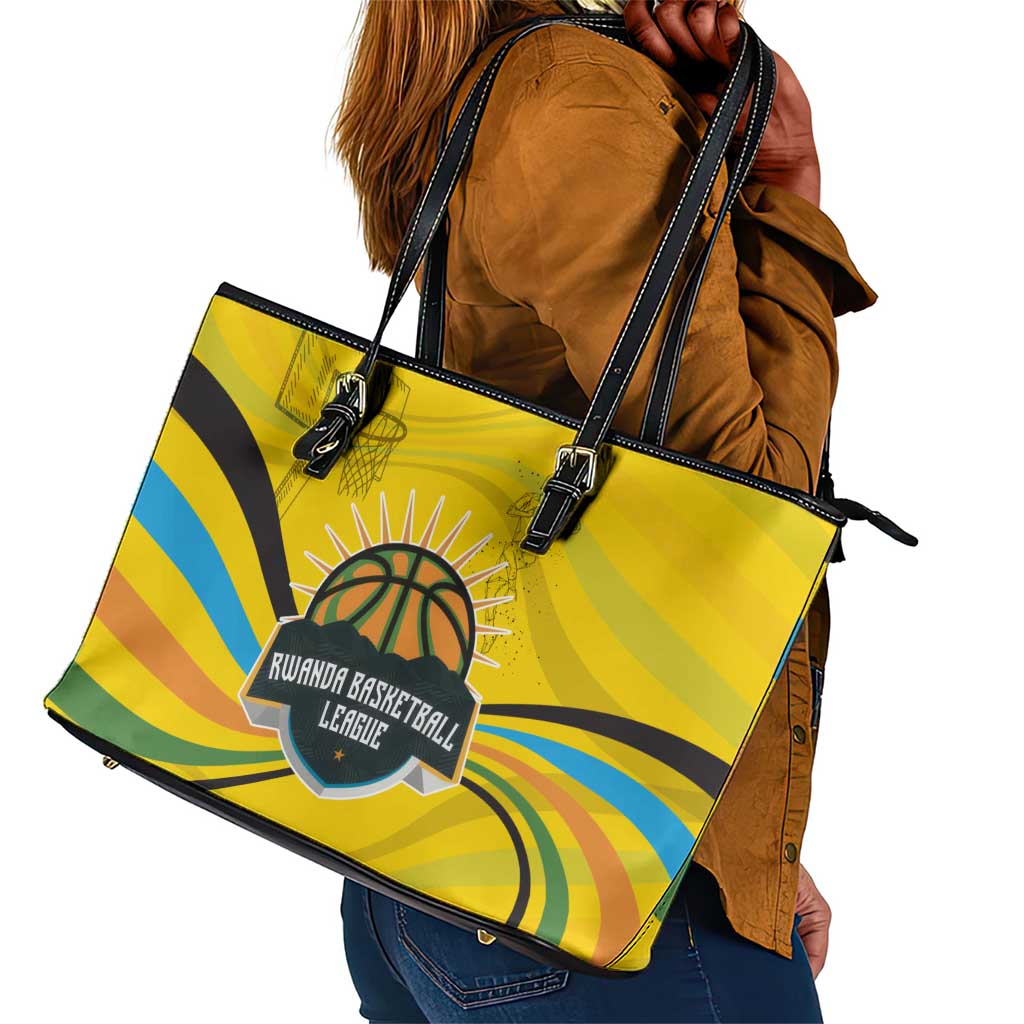 Rwanda Leather Tote Bag with Basketball League Court Hoop Yellow Wave Spirit