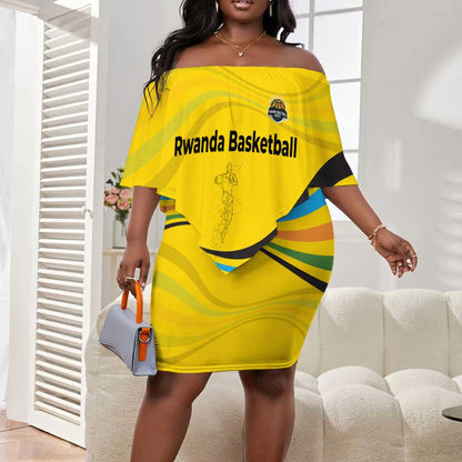 Rwanda Off Shoulder Short Dress with Basketball League Court Hoop Yellow Wave Spirit
