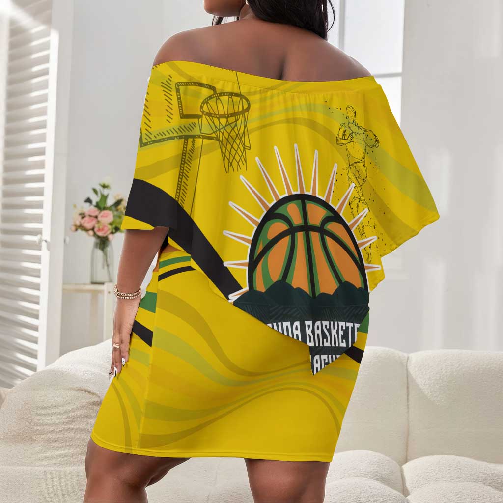 Rwanda Off Shoulder Short Dress with Basketball League Court Hoop Yellow Wave Spirit
