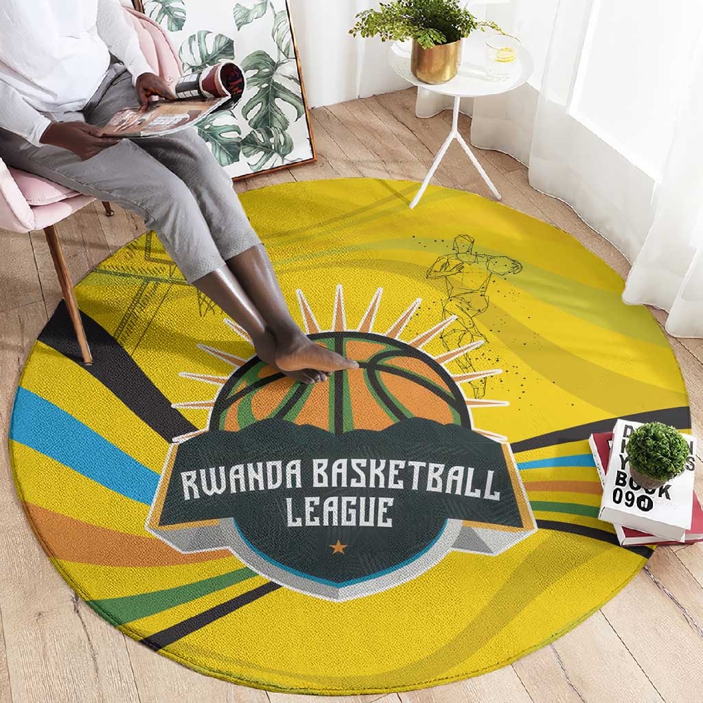 Rwanda Round Carpet with Basketball League Court Hoop Yellow Wave Spirit