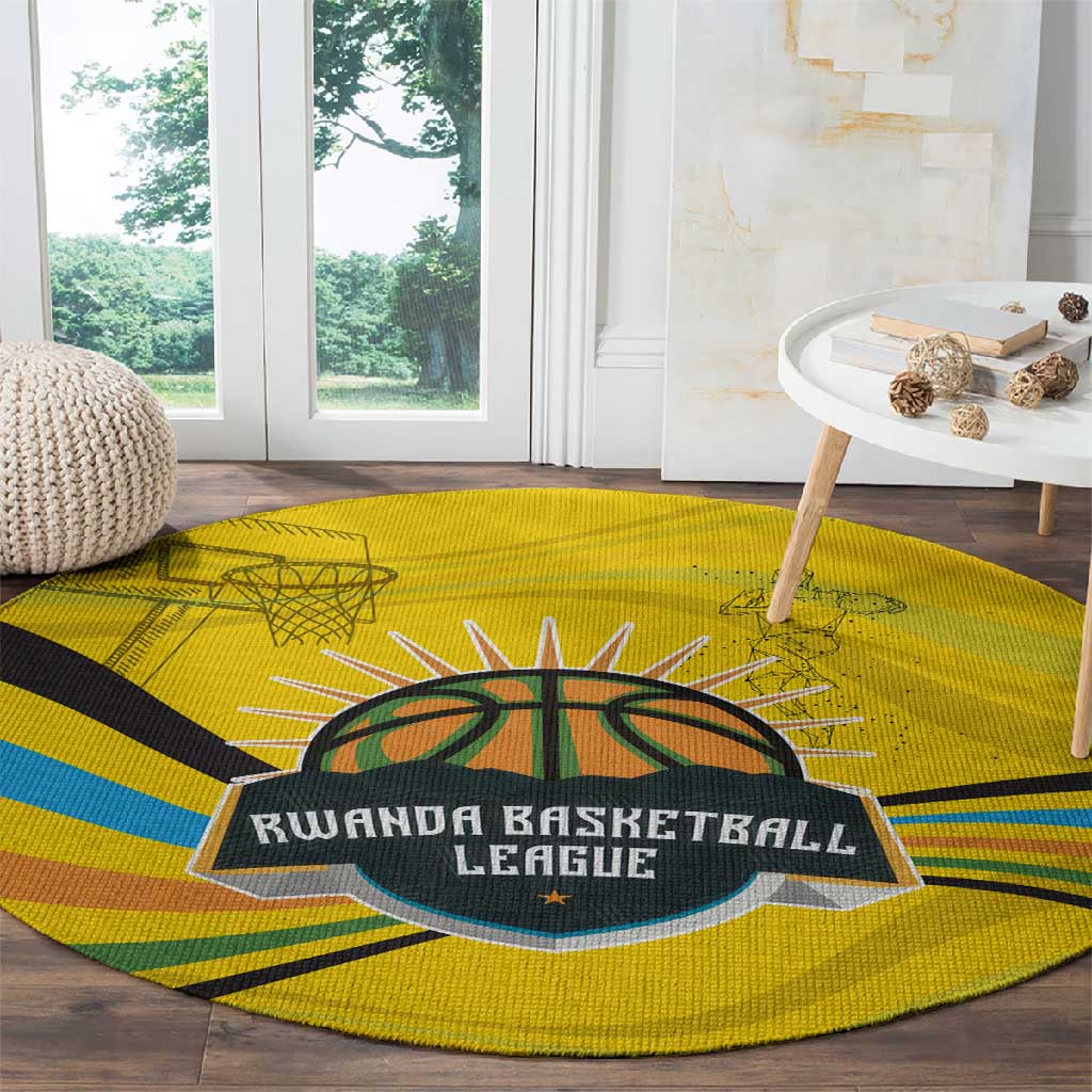 Rwanda Round Carpet with Basketball League Court Hoop Yellow Wave Spirit