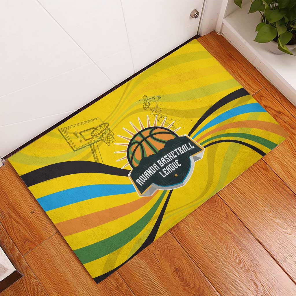 Rwanda Rubber Doormat with Basketball League Court Hoop Yellow Wave Spirit