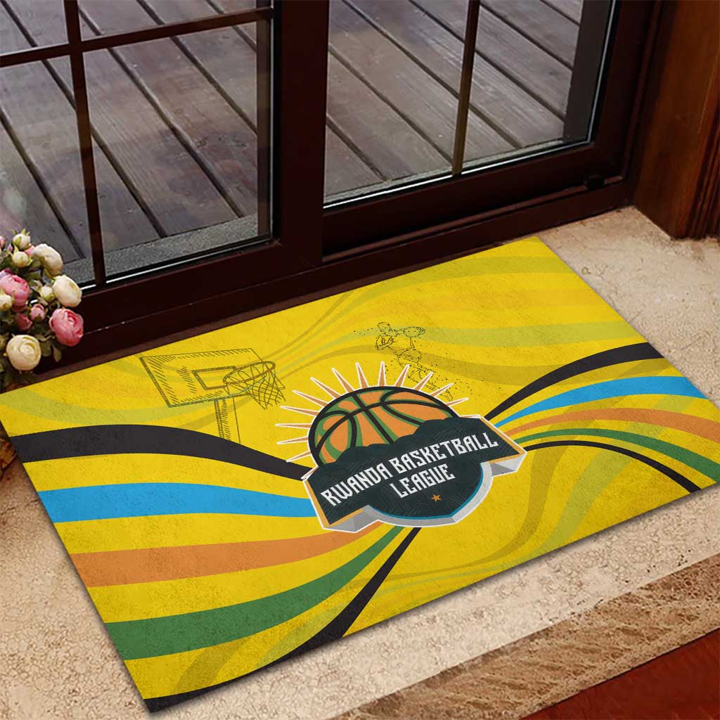 Rwanda Rubber Doormat with Basketball League Court Hoop Yellow Wave Spirit