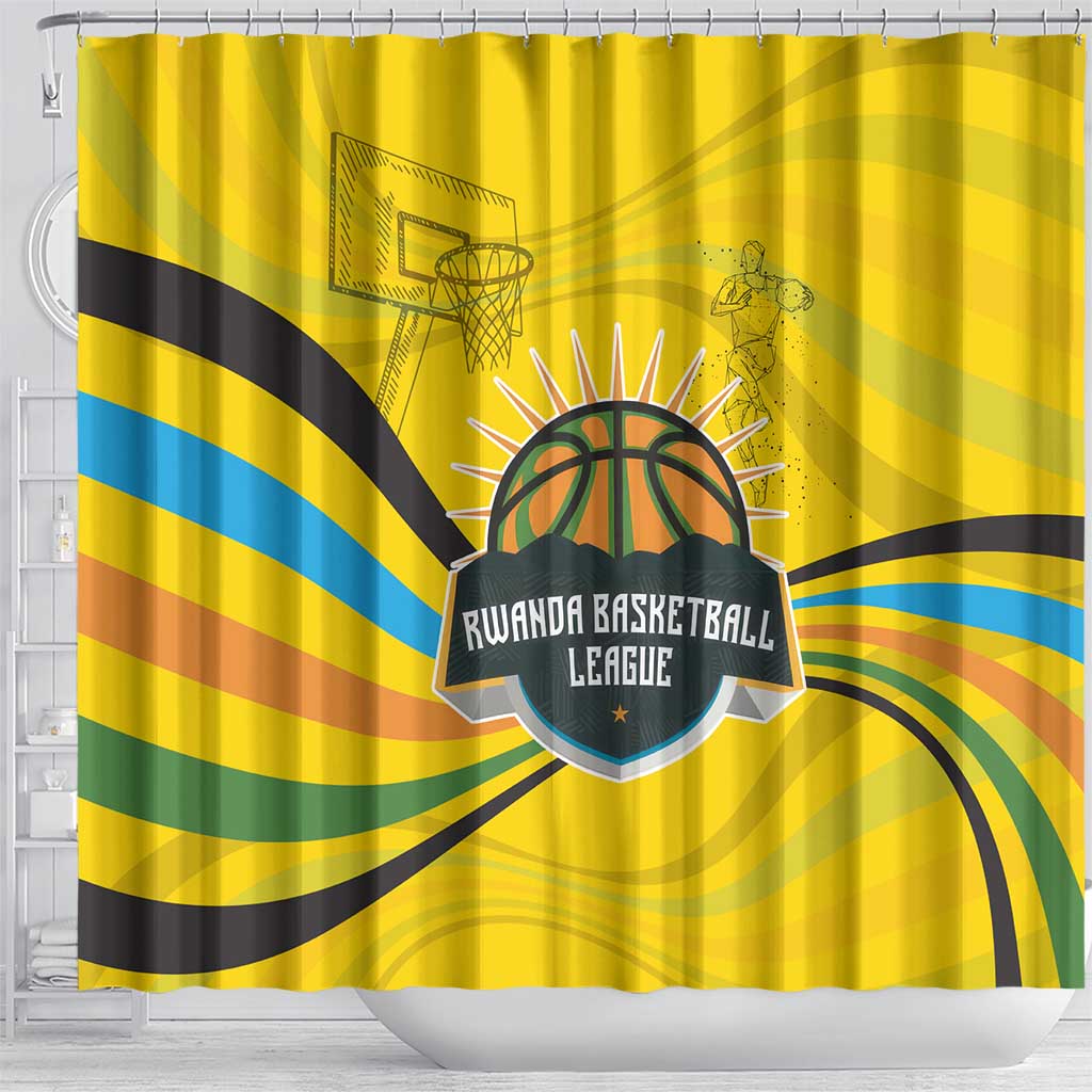 Rwanda Shower Curtain with Basketball League Court Hoop Yellow Wave Spirit