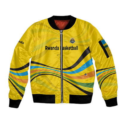 Rwanda Sleeve Zip Bomber Jacket with Basketball League Court Hoop Yellow Wave Spirit