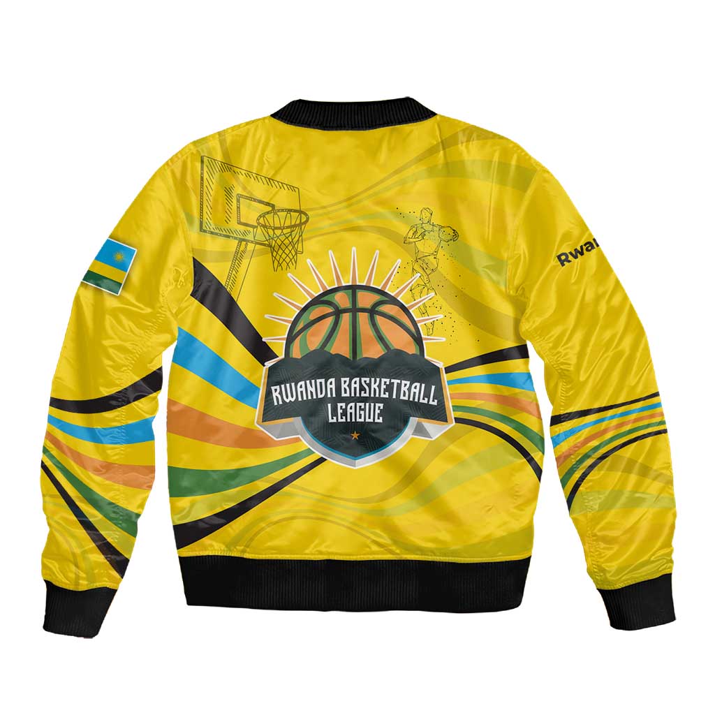 Rwanda Sleeve Zip Bomber Jacket with Basketball League Court Hoop Yellow Wave Spirit