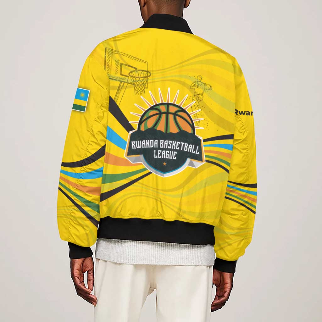 Rwanda Sleeve Zip Bomber Jacket with Basketball League Court Hoop Yellow Wave Spirit