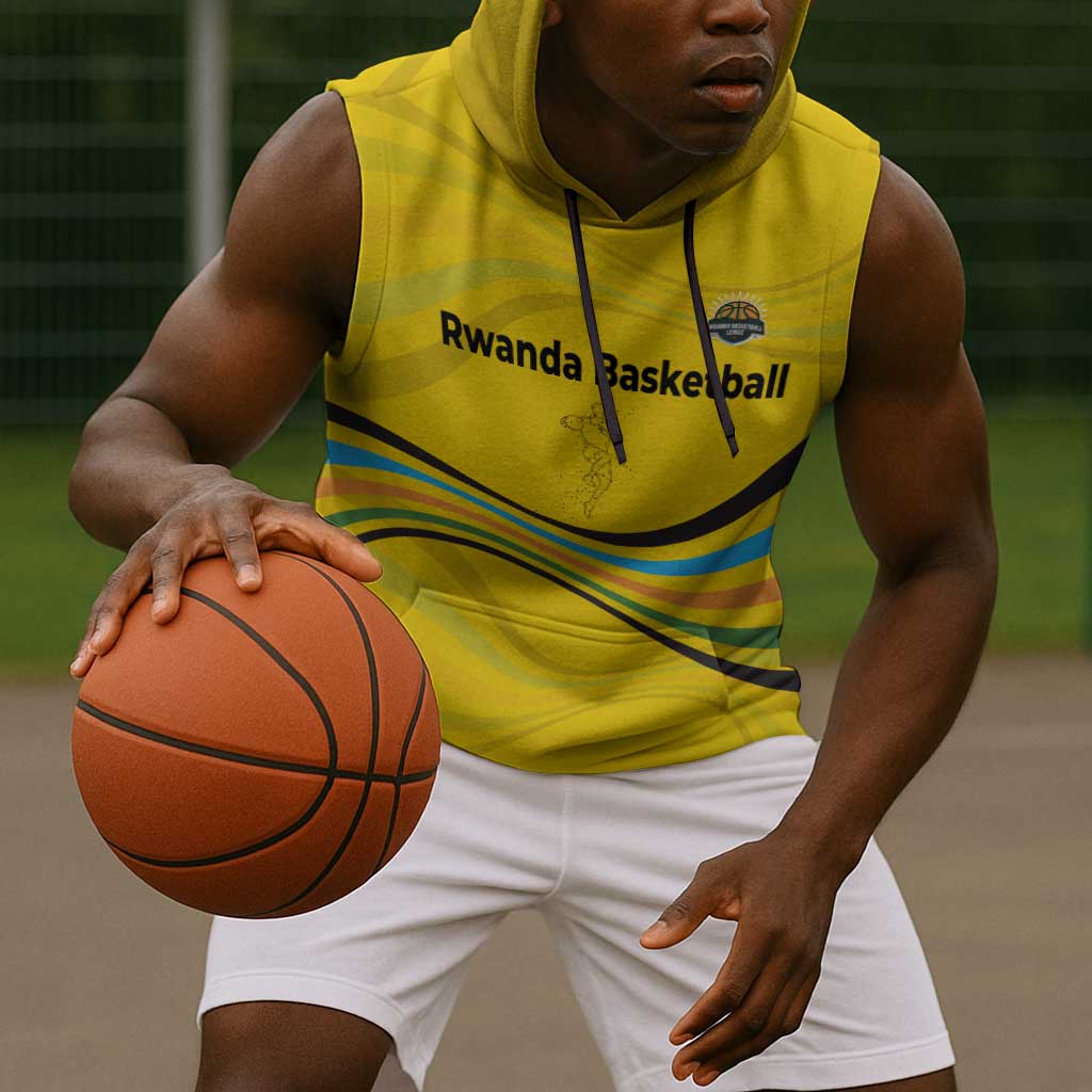 Rwanda Sleeveless Hoodie with Basketball League Court Hoop Yellow Wave Spirit - African Pride