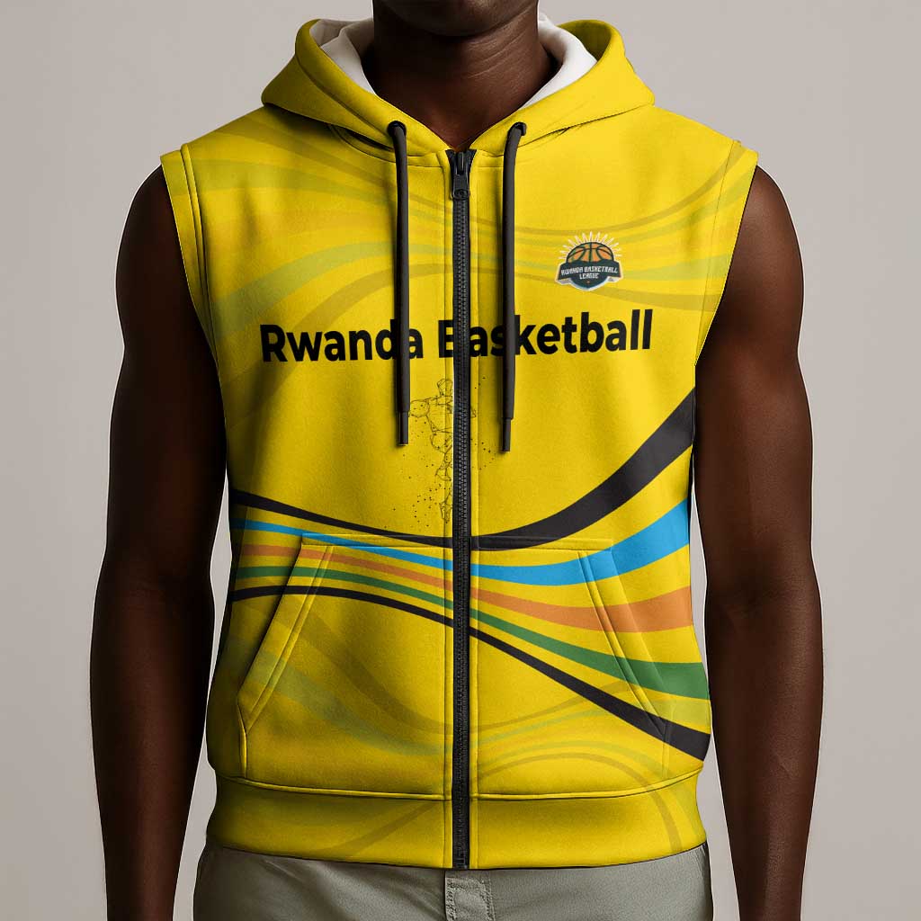 Rwanda Sleeveless Zip Hoodie with Basketball League Court Hoop Yellow Wave Spirit - African Pride