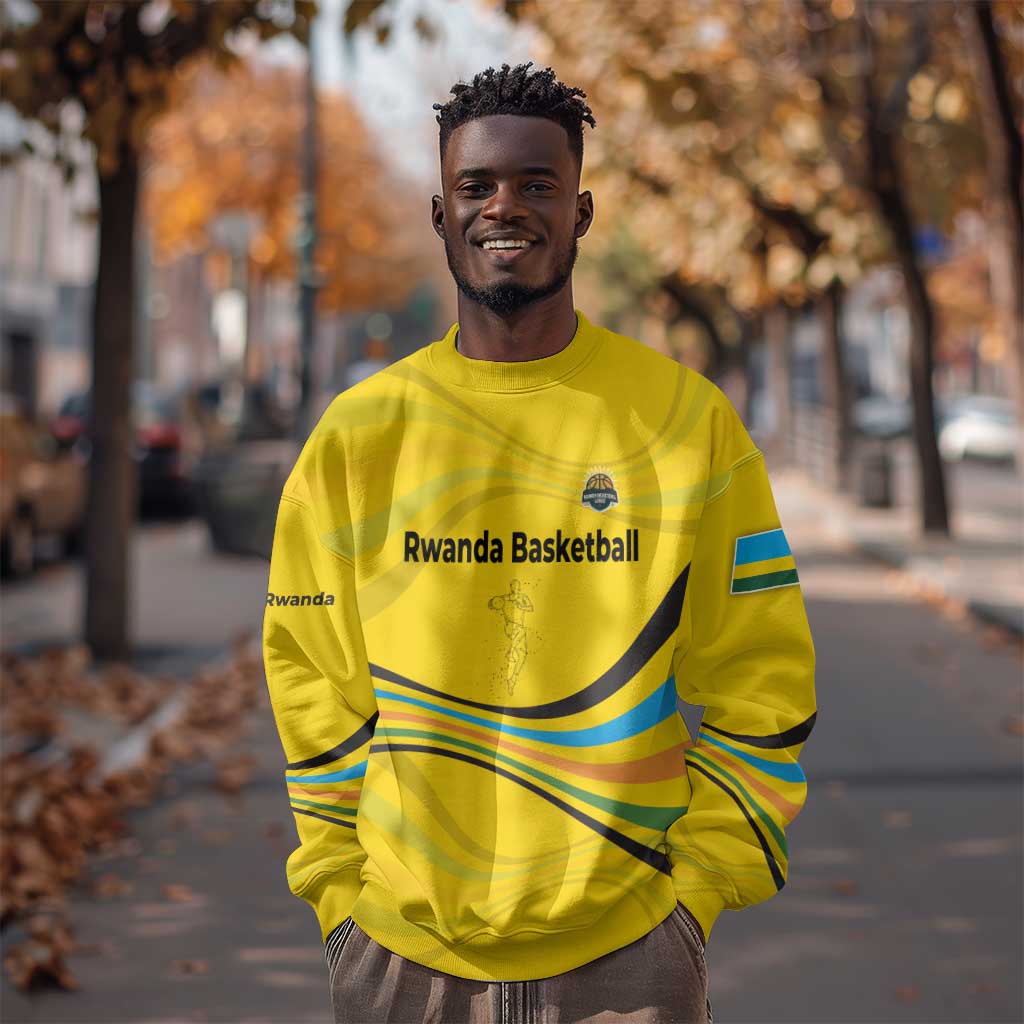 Rwanda Sweatshirt with Basketball League Court Hoop Yellow Wave Spirit