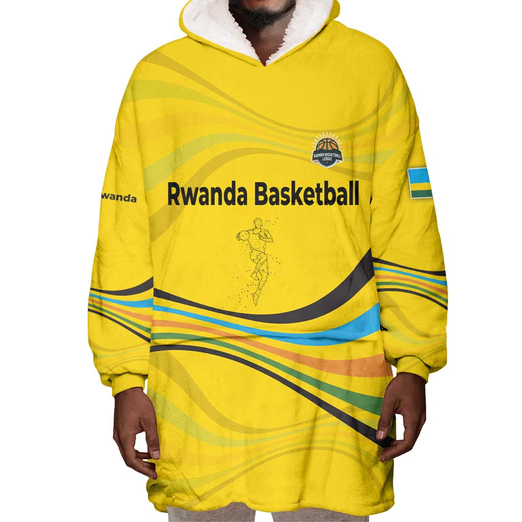Rwanda Wearable Blanket Hoodie with Basketball League Court Hoop Yellow Wave Spirit