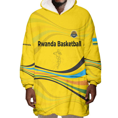 Rwanda Wearable Blanket Hoodie with Basketball League Court Hoop Yellow Wave Spirit